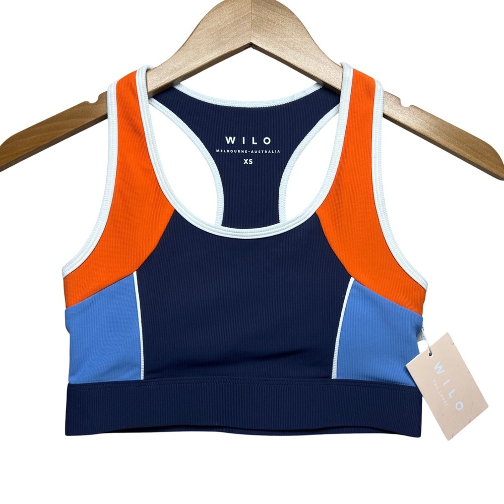 WILO Sports Bra Racerback Colorblock Navy‎ Orange Blue XS Athleisure Activewear